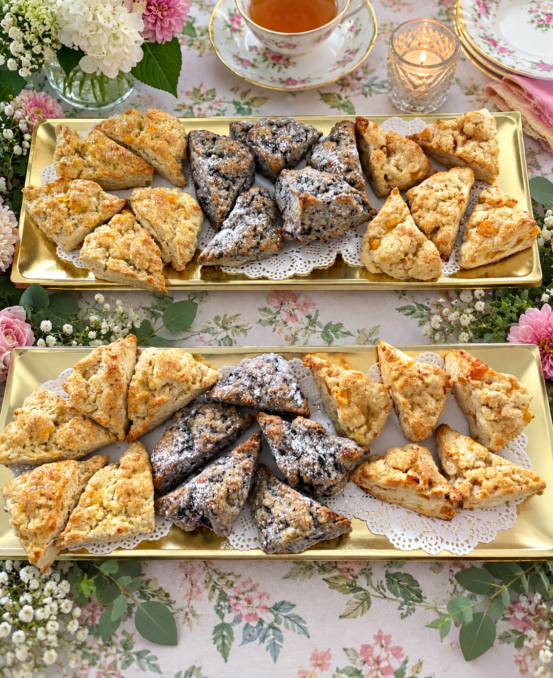 Assorted scones on two gold trays with floral tea table setting
